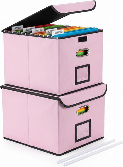 File Organizer Box with Lid, Large Hanging File Folder Organizer with Plastic Slide, Collapsible Portable Filing Storage Boxes for Office/Decor/Home (Black, 14.9 x 12.59 x 10.8 inch)