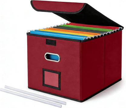 File Organizer Box with Lid, Large Hanging File Folder Organizer with Plastic Slide, Collapsible Portable Filing Storage Boxes for Office/Decor/Home (Black, 14.9 x 12.59 x 10.8 inch)