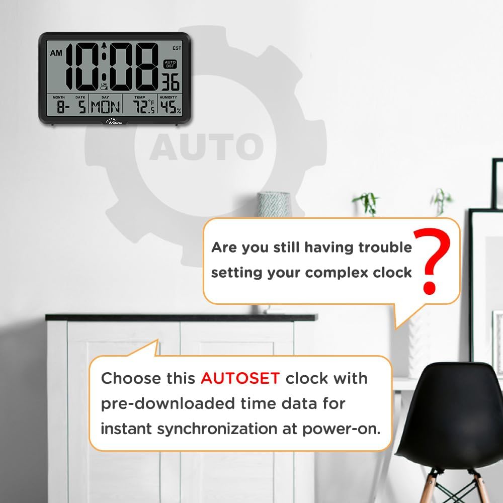 Auto Set Digital Wall Clock Battery Operated, Auto DST