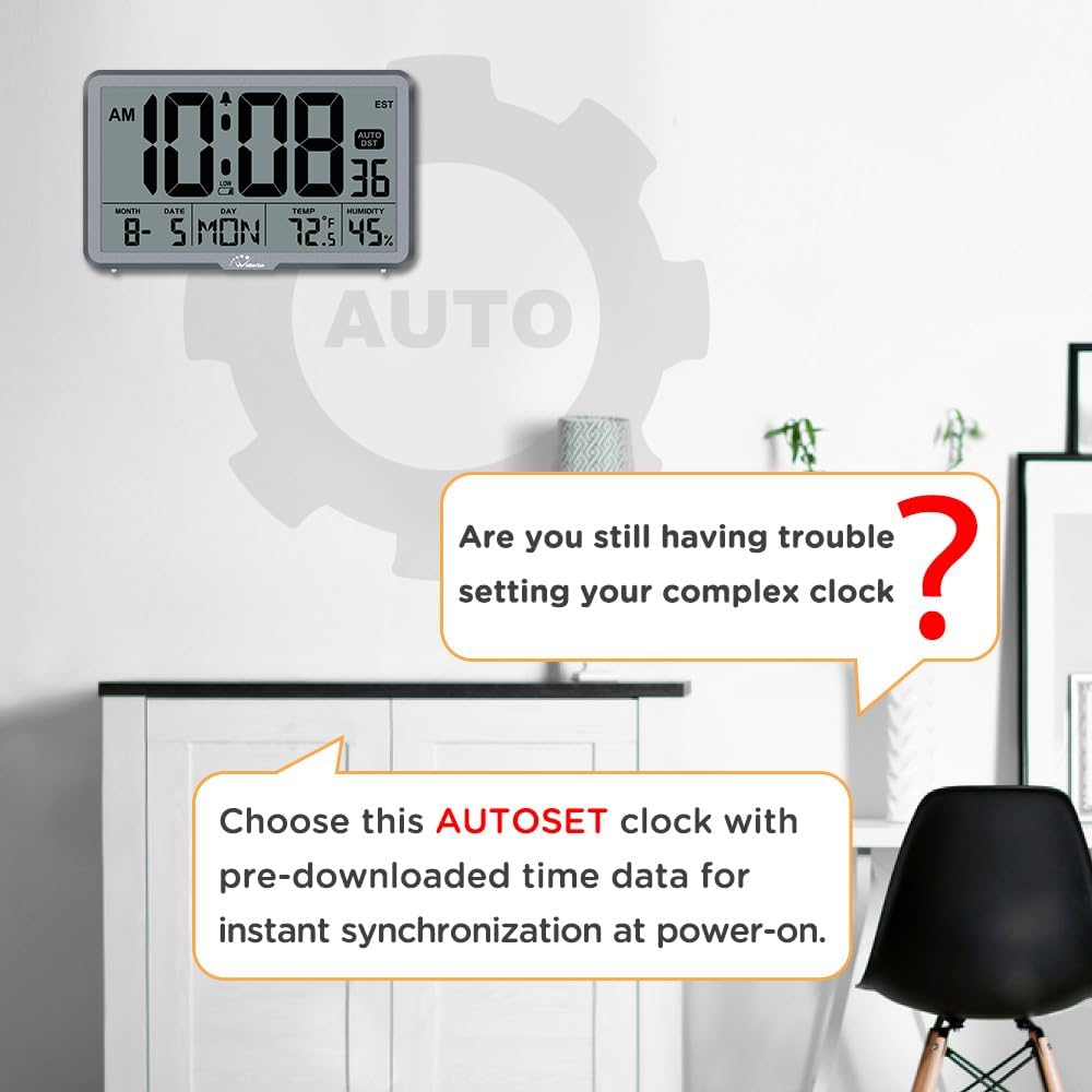 Auto Set Digital Wall Clock Battery Operated, Auto DST