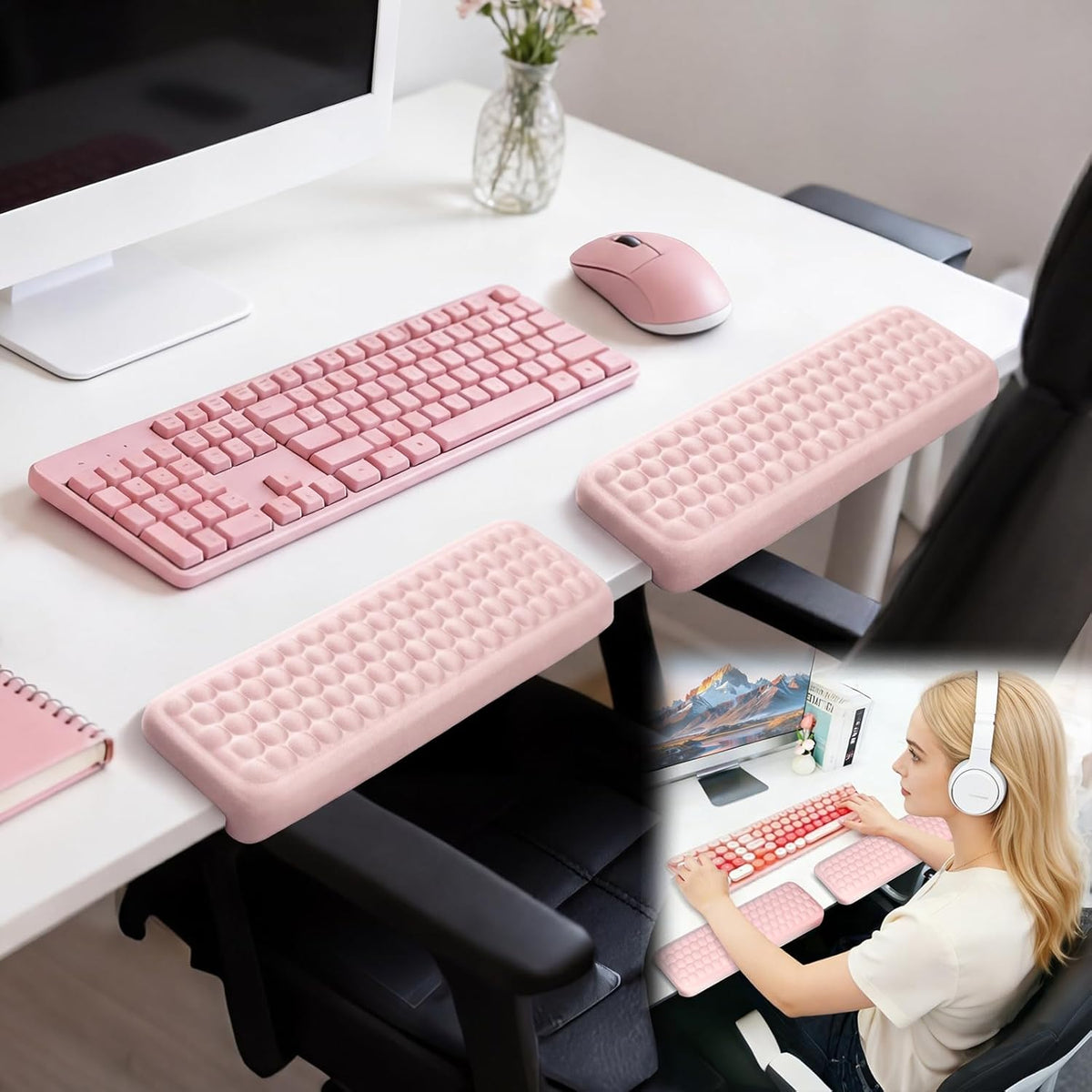 Arm Rest for Desk, L-Shaped Memory Foam Elbow Pads with Non-Slip Base, 2-Piece Ergonomic Desk Edge Cushion & Wrist Rest for Mouse & Keyboard, Desk Arm Support for Office, Gaming & Home (Pink)