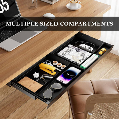 Under Desk Drawer 28.3" Wide, 60° Ergonomic Tilt Organizer with Multi-Compartment – Ball Bearing Slides, Fully Assembled, Under Desk Storage for Home Office Supplies
