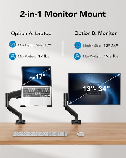 2 in 1 Function Laptop Mount with Tray, Fits 13-34″ Monitors & Up to 17″ Notebook, Ergonomic Laptop Arm with Full Motion Adjustment, Laptop Stand for Desk, VESA 75x75mm/100x100mm
