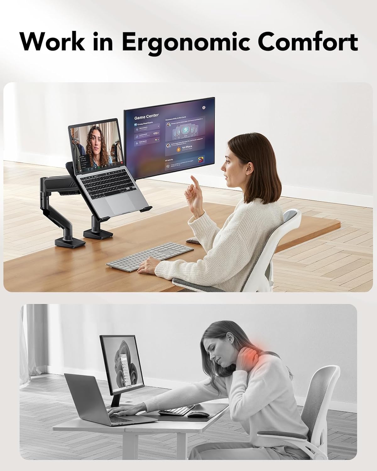 2 in 1 Function Laptop Mount with Tray, Fits 13-34″ Monitors & Up to 17″ Notebook, Ergonomic Laptop Arm with Full Motion Adjustment, Laptop Stand for Desk, VESA 75x75mm/100x100mm