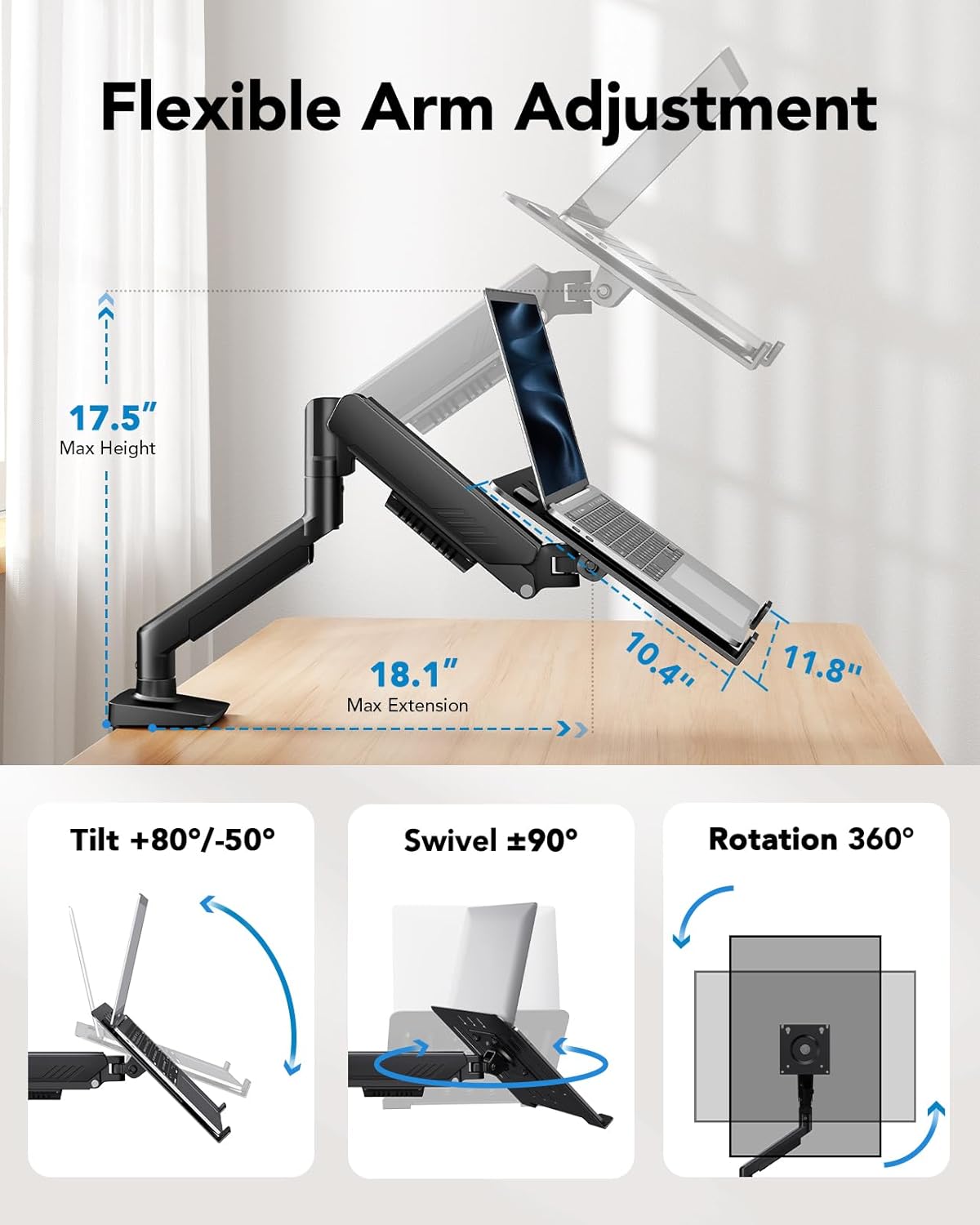 2 in 1 Function Laptop Mount with Tray, Fits 13-34″ Monitors & Up to 17″ Notebook, Ergonomic Laptop Arm with Full Motion Adjustment, Laptop Stand for Desk, VESA 75x75mm/100x100mm