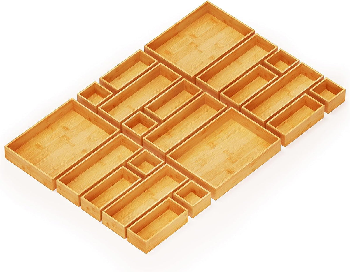 21-Piece Bamboo Drawer Organizer Storage Boxes Set, Wood Tray Junk Drawer Organizers Multi-Use Divider Bins for Kitchen, Bathroom, Office Desk and Makeup Organization (21 Pack, Natural)