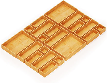 21-Piece Bamboo Drawer Organizer Storage Boxes Set, Wood Tray Junk Drawer Organizers Multi-Use Divider Bins for Kitchen, Bathroom, Office Desk and Makeup Organization (21 Pack, Natural)