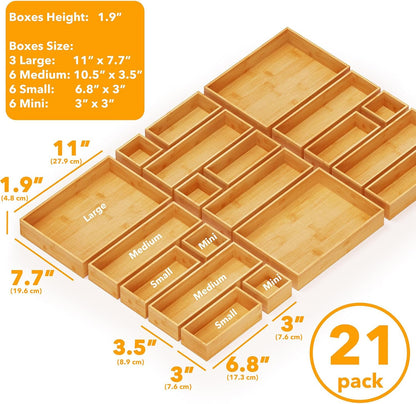 21-Piece Bamboo Drawer Organizer Storage Boxes Set, Wood Tray Junk Drawer Organizers Multi-Use Divider Bins for Kitchen, Bathroom, Office Desk and Makeup Organization (21 Pack, Natural)