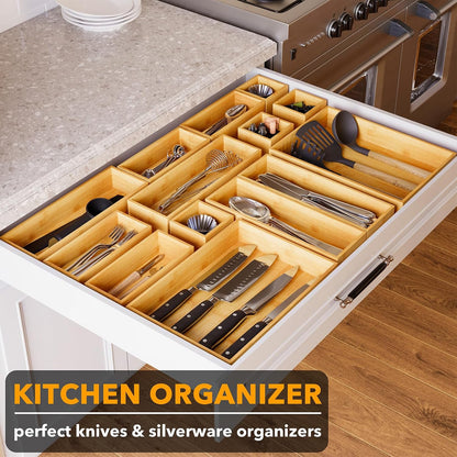 21-Piece Bamboo Drawer Organizer Storage Boxes Set, Wood Tray Junk Drawer Organizers Multi-Use Divider Bins for Kitchen, Bathroom, Office Desk and Makeup Organization (21 Pack, Natural)