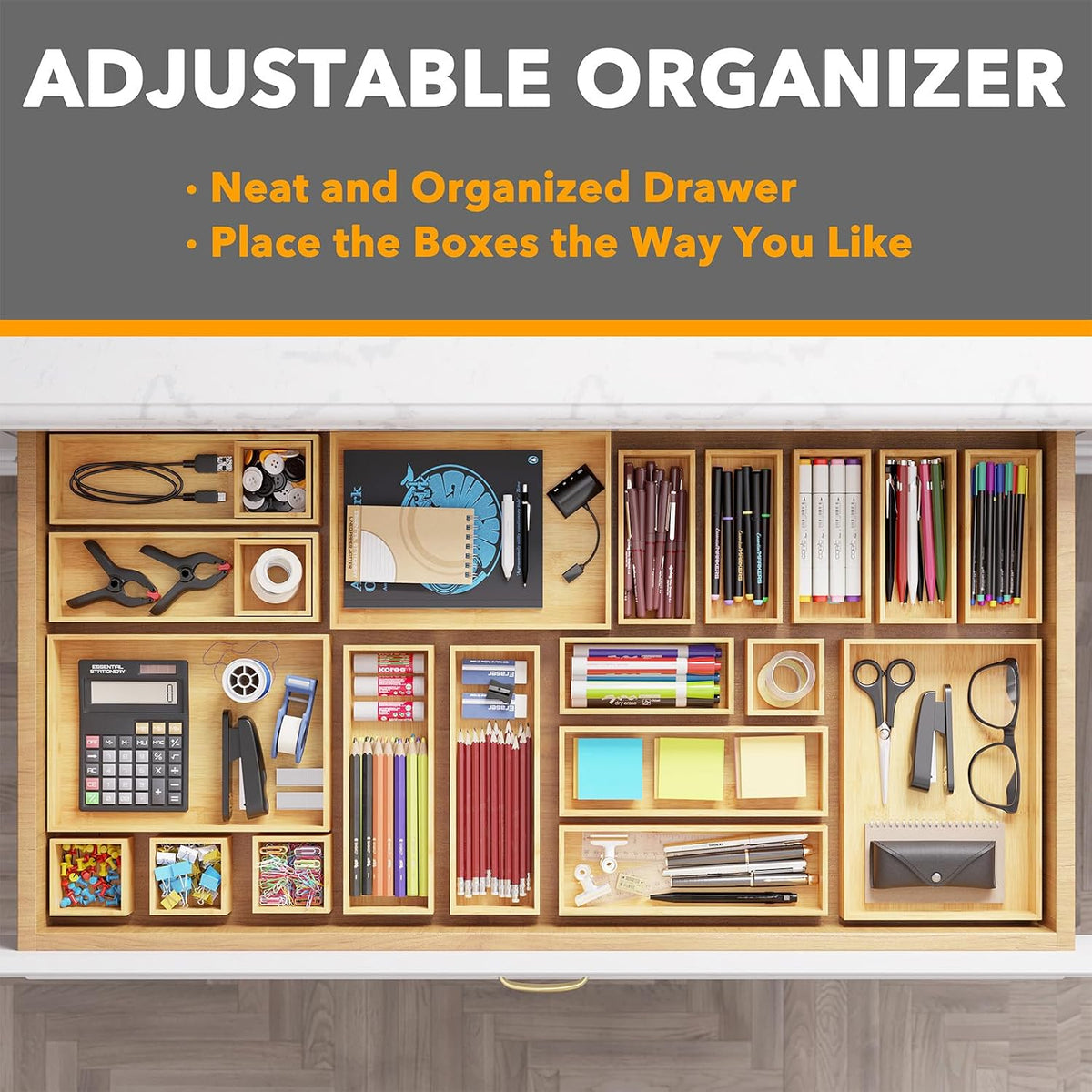 21-Piece Bamboo Drawer Organizer Storage Boxes Set, Wood Tray Junk Drawer Organizers Multi-Use Divider Bins for Kitchen, Bathroom, Office Desk and Makeup Organization (21 Pack, Natural)