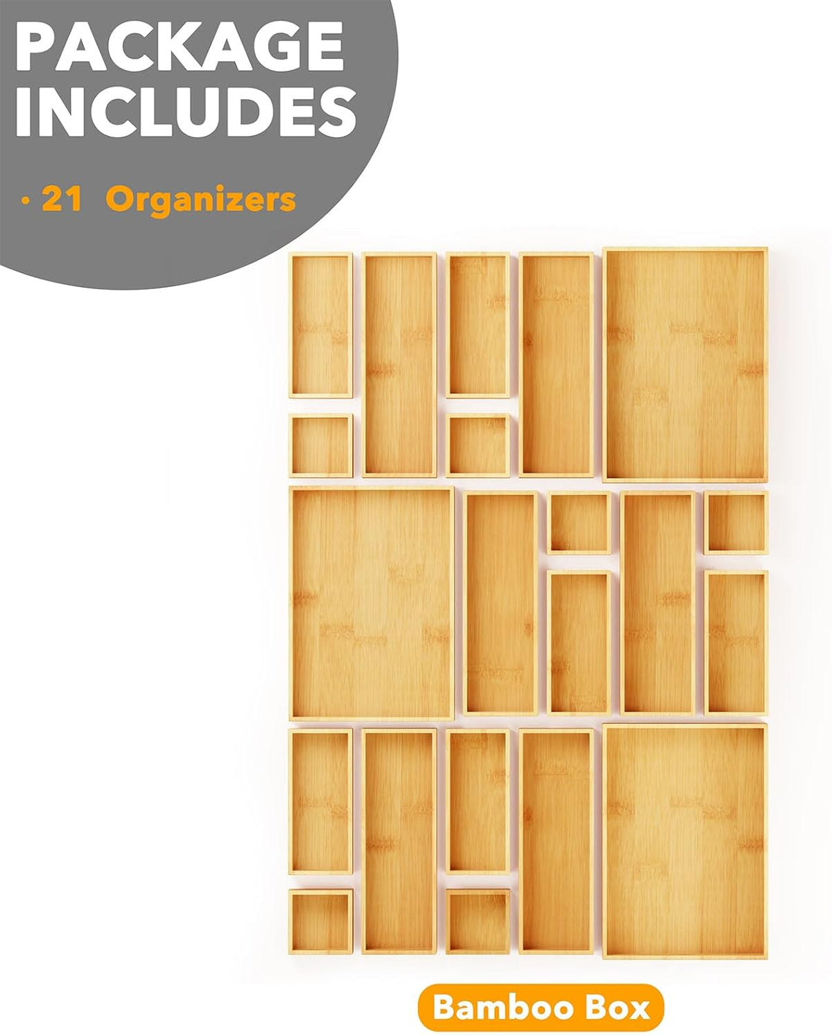 21-Piece Bamboo Drawer Organizer Storage Boxes Set, Wood Tray Junk Drawer Organizers Multi-Use Divider Bins for Kitchen, Bathroom, Office Desk and Makeup Organization (21 Pack, Natural)