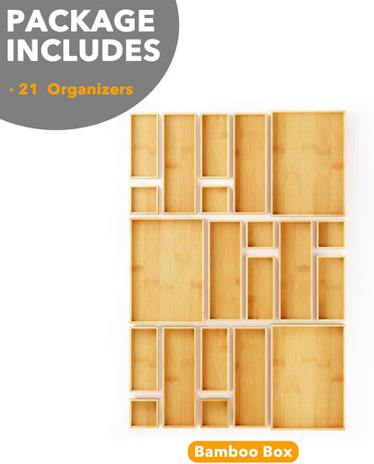 21-Piece Bamboo Drawer Organizer Storage Boxes Set, Wood Tray Junk Drawer Organizers Multi-Use Divider Bins for Kitchen, Bathroom, Office Desk and Makeup Organization (21 Pack, Natural)
