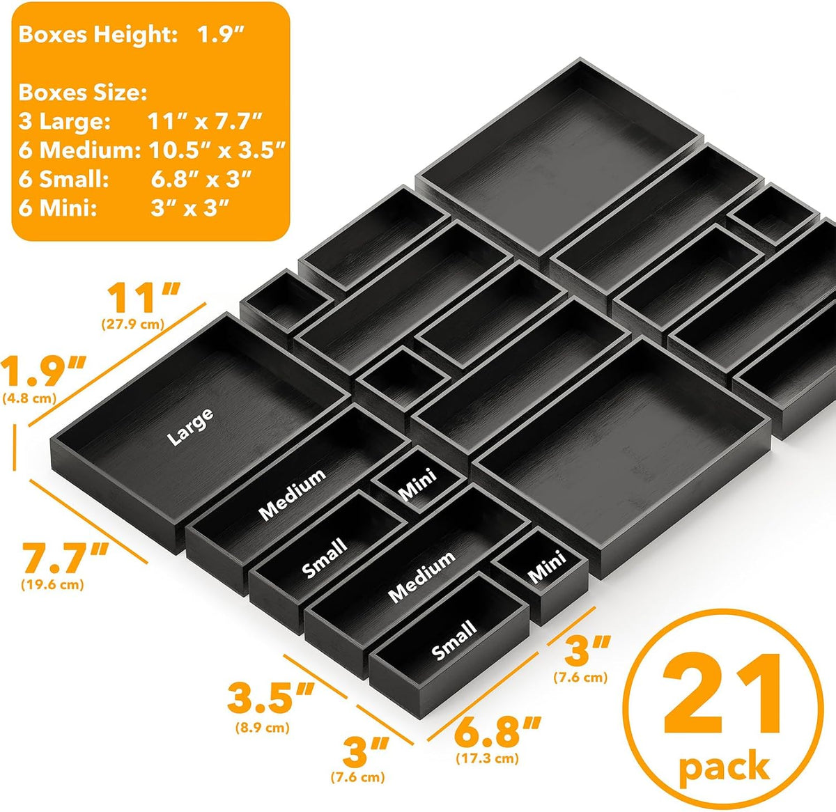 21-Piece Bamboo Drawer Organizer Storage Boxes Set, Wood Tray Junk Drawer Organizers Multi-Use Divider Bins for Kitchen, Bathroom, Office Desk and Makeup Organization (21 Pack, Natural)