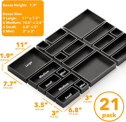 21-Piece Bamboo Drawer Organizer Storage Boxes Set, Wood Tray Junk Drawer Organizers Multi-Use Divider Bins for Kitchen, Bathroom, Office Desk and Makeup Organization (21 Pack, Natural)