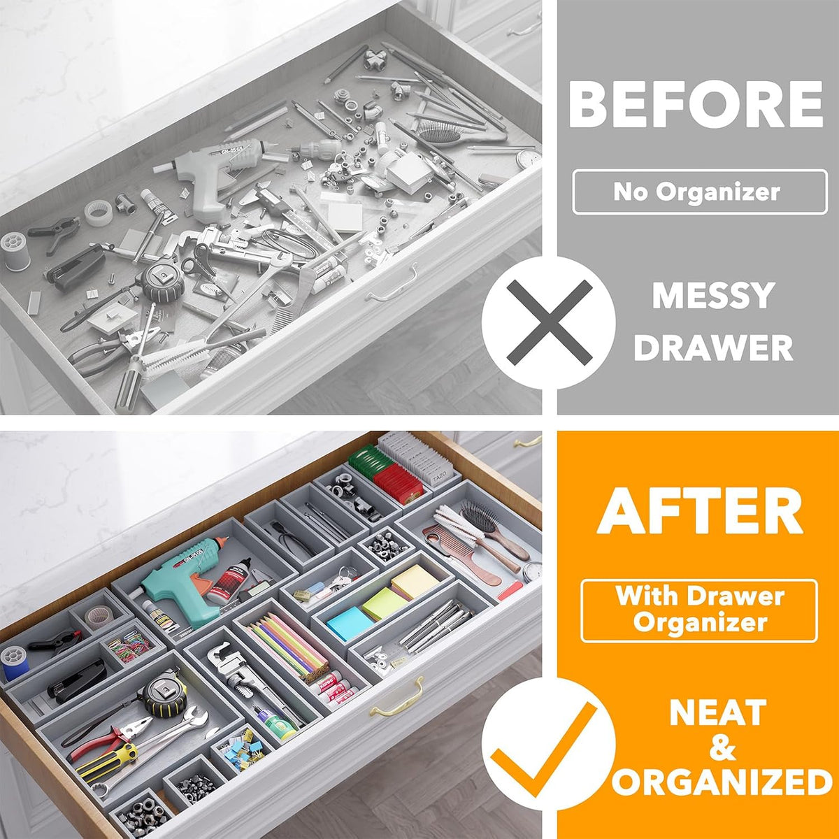21-Piece Bamboo Drawer Organizer Storage Boxes Set, Wood Tray Junk Drawer Organizers Multi-Use Divider Bins for Kitchen, Bathroom, Office Desk and Makeup Organization (21 Pack, Natural)