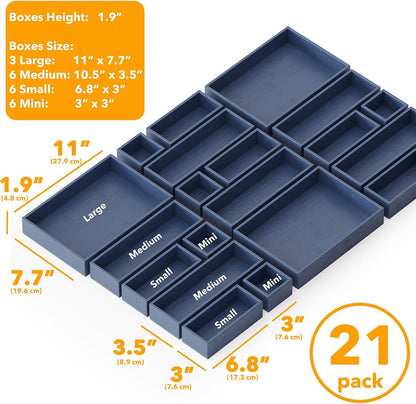 21-Piece Bamboo Drawer Organizer Storage Boxes Set, Wood Tray Junk Drawer Organizers Multi-Use Divider Bins for Kitchen, Bathroom, Office Desk and Makeup Organization (21 Pack, Natural)
