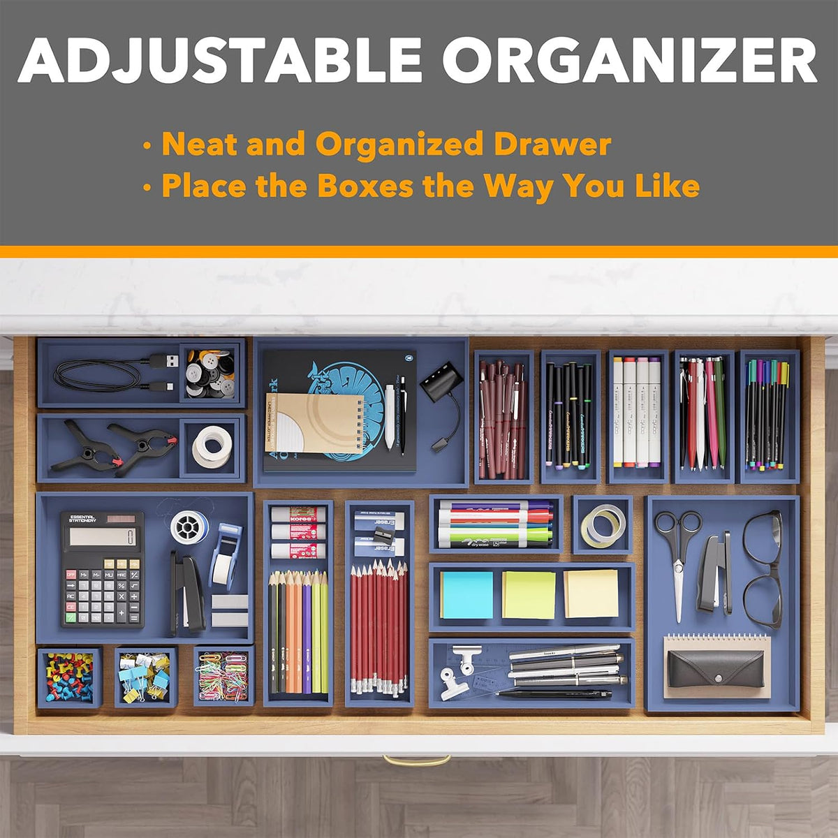 21-Piece Bamboo Drawer Organizer Storage Boxes Set, Wood Tray Junk Drawer Organizers Multi-Use Divider Bins for Kitchen, Bathroom, Office Desk and Makeup Organization (21 Pack, Natural)