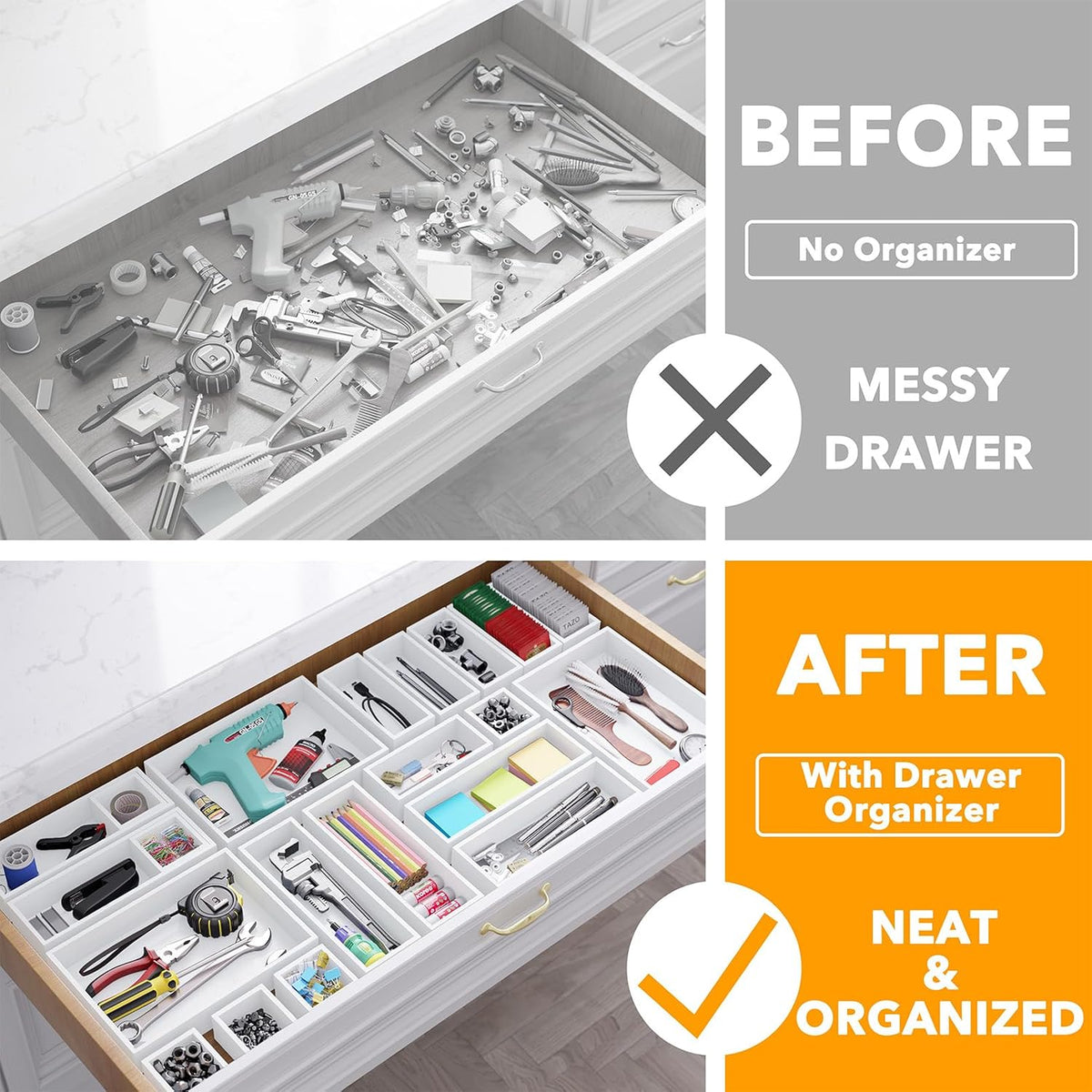 21-Piece Bamboo Drawer Organizer Storage Boxes Set, Wood Tray Junk Drawer Organizers Multi-Use Divider Bins for Kitchen, Bathroom, Office Desk and Makeup Organization (21 Pack, Natural)