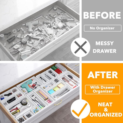 21-Piece Bamboo Drawer Organizer Storage Boxes Set, Wood Tray Junk Drawer Organizers Multi-Use Divider Bins for Kitchen, Bathroom, Office Desk and Makeup Organization (21 Pack, Natural)