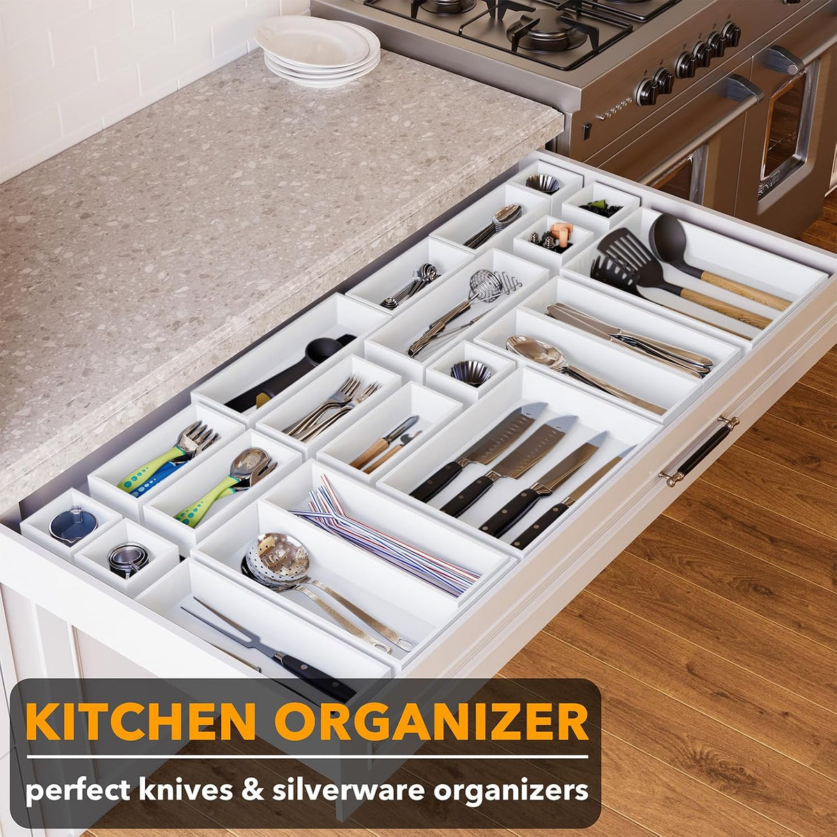 21-Piece Bamboo Drawer Organizer Storage Boxes Set, Wood Tray Junk Drawer Organizers Multi-Use Divider Bins for Kitchen, Bathroom, Office Desk and Makeup Organization (21 Pack, Natural)