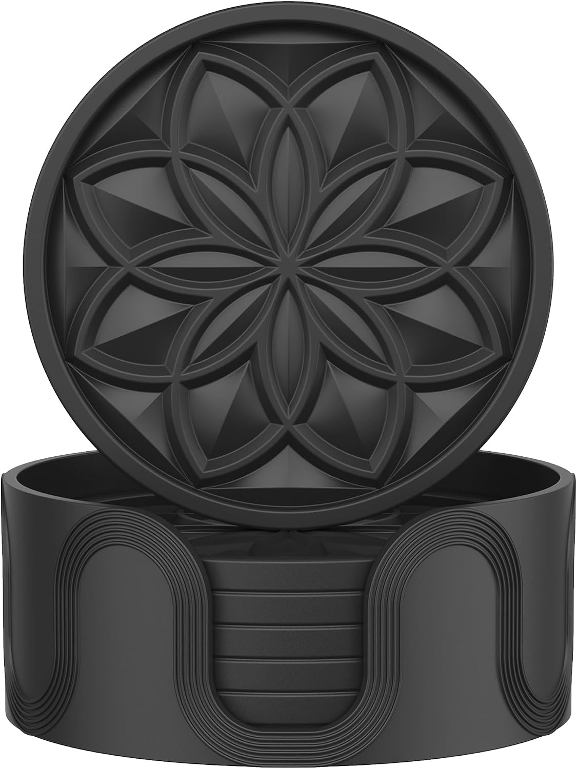Silicone Coasters Set with Holder - 6 Pack Drink Coasters for Coffee Table, Bar, Desk - Tabletop Protection Gift - Black
