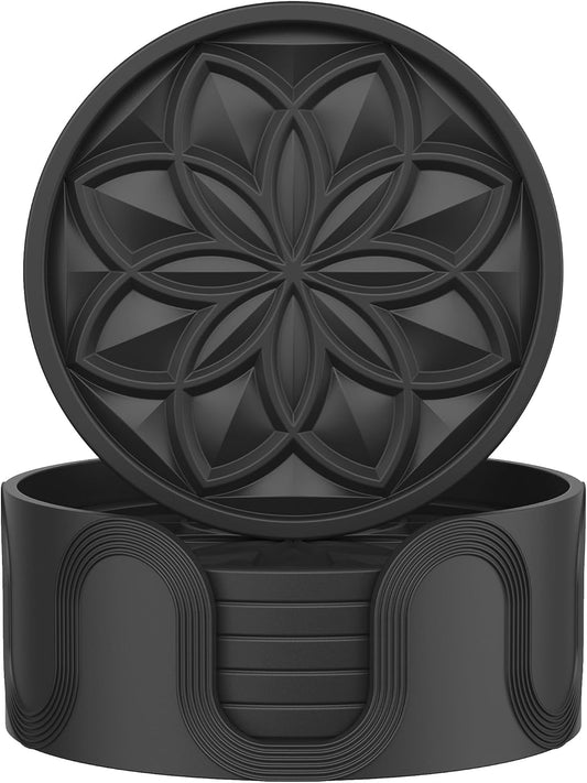 Silicone Coasters Set with Holder - 6 Pack Drink Coasters for Coffee Table, Bar, Desk - Tabletop Protection Gift - Black
