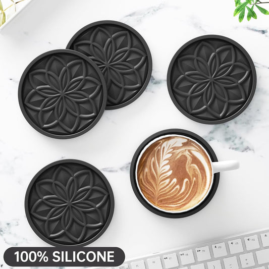 Silicone Coasters Set with Holder - 6 Pack Drink Coasters for Coffee Table, Bar, Desk - Tabletop Protection Gift - Black