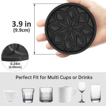 Silicone Coasters Set with Holder - 6 Pack Drink Coasters for Coffee Table, Bar, Desk - Tabletop Protection Gift - Black