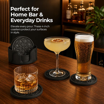 Silicone Coasters Set with Holder - 6 Pack Drink Coasters for Coffee Table, Bar, Desk - Tabletop Protection Gift - Black