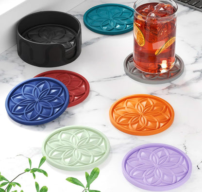 Silicone Coasters Set with Holder - 6 Pack Drink Coasters for Coffee Table, Bar, Desk - Tabletop Protection Gift - Black