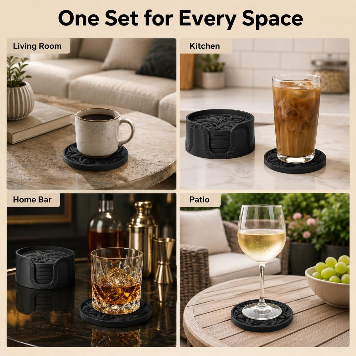 Silicone Coasters Set with Holder - 6 Pack Drink Coasters for Coffee Table, Bar, Desk - Tabletop Protection Gift - Black