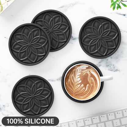 Silicone Coasters Set with Holder - 6 Pack Drink Coasters for Coffee Table, Bar, Desk - Tabletop Protection Gift - Black