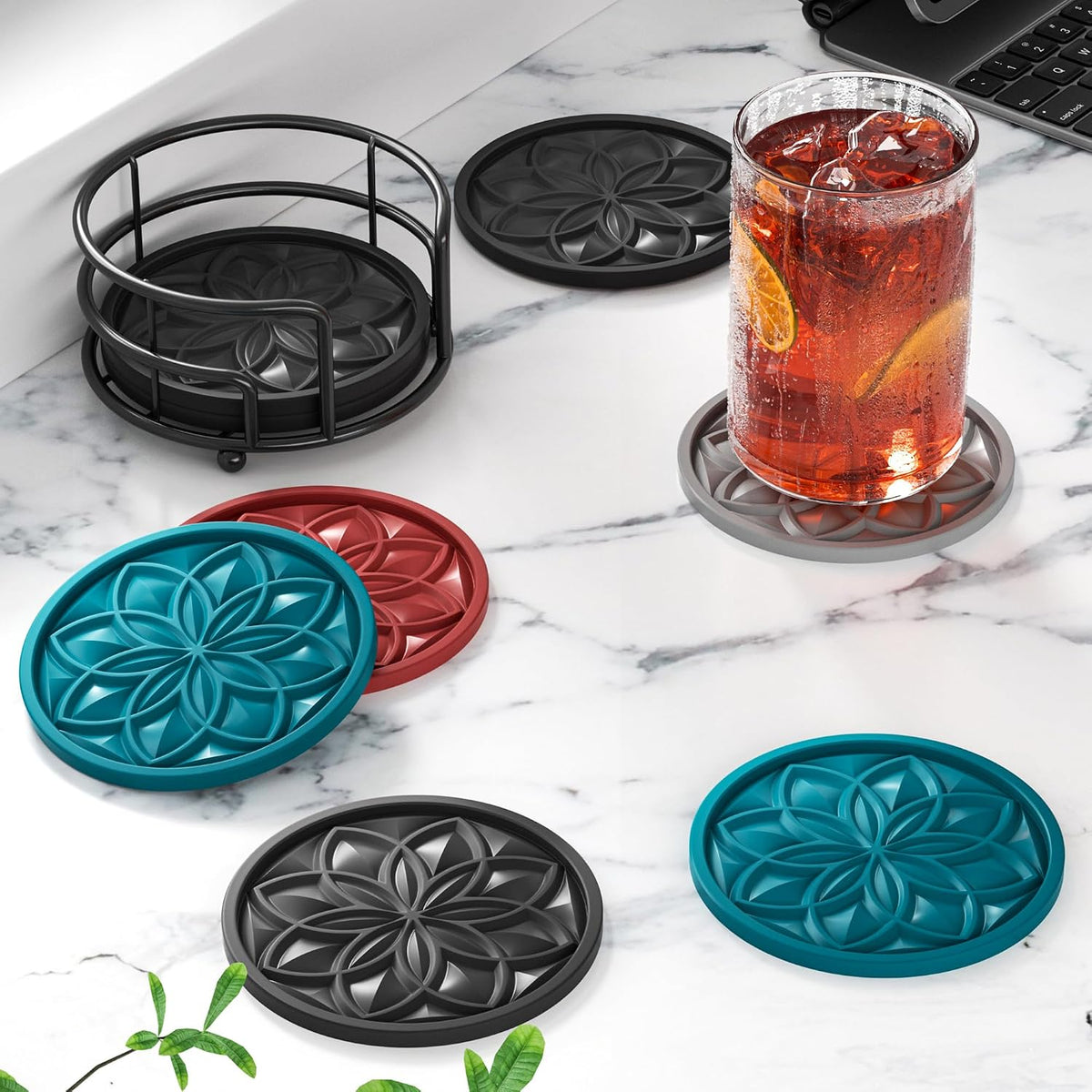 Silicone Coasters Set with Holder - 6 Pack Drink Coasters for Coffee Table, Bar, Desk - Tabletop Protection Gift - Black