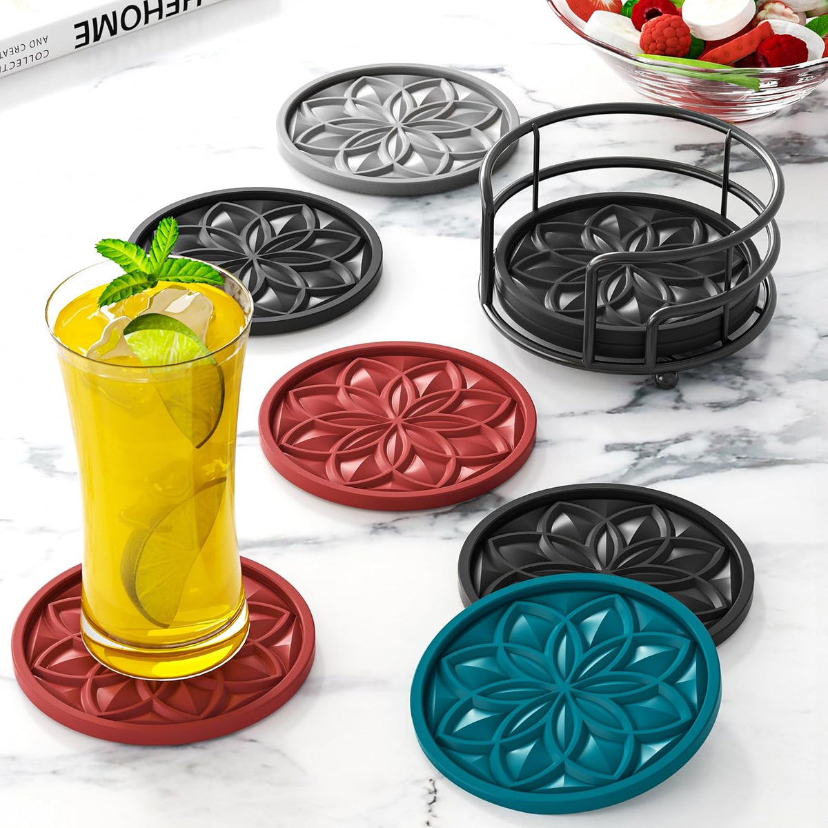 Silicone Coasters Set with Holder - 6 Pack Drink Coasters for Coffee Table, Bar, Desk - Tabletop Protection Gift - Black