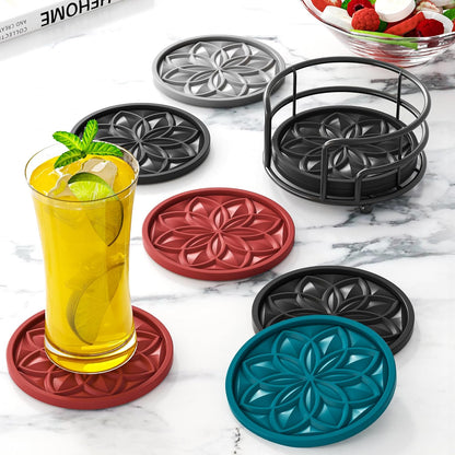 Silicone Coasters Set with Holder - 6 Pack Drink Coasters for Coffee Table, Bar, Desk - Tabletop Protection Gift - Black