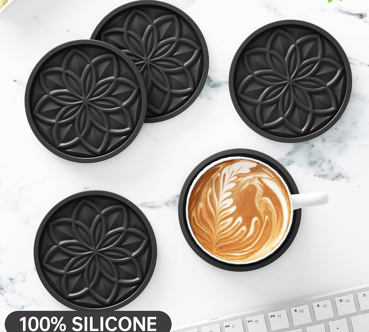 Silicone Coasters Set with Holder - 6 Pack Drink Coasters for Coffee Table, Bar, Desk - Tabletop Protection Gift - Black