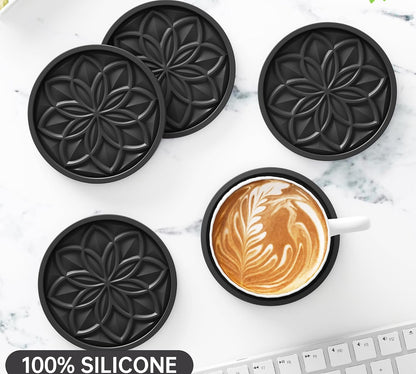 Silicone Coasters Set with Holder - 6 Pack Drink Coasters for Coffee Table, Bar, Desk - Tabletop Protection Gift - Black