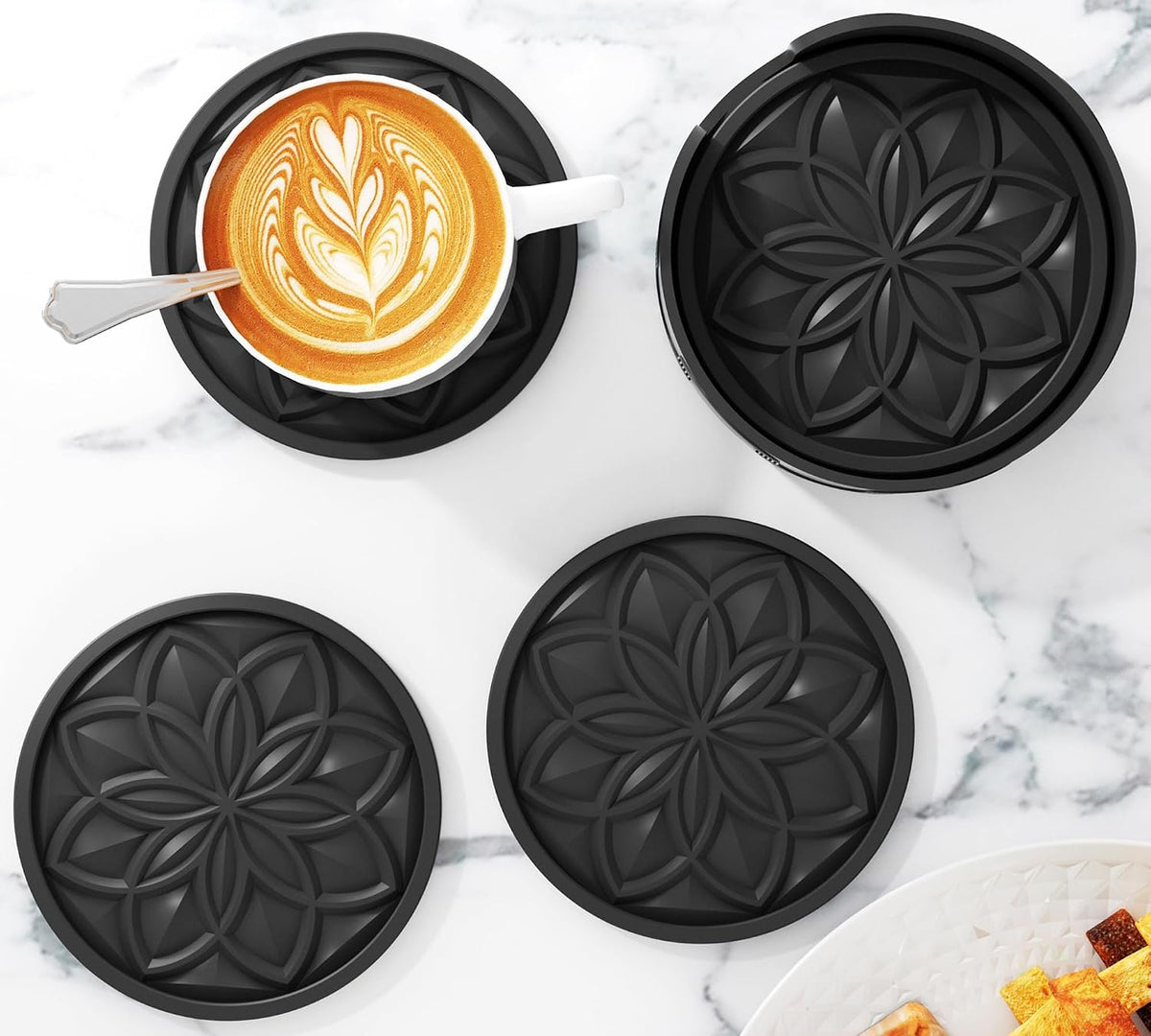 Silicone Coasters Set with Holder - 6 Pack Drink Coasters for Coffee Table, Bar, Desk - Tabletop Protection Gift - Black