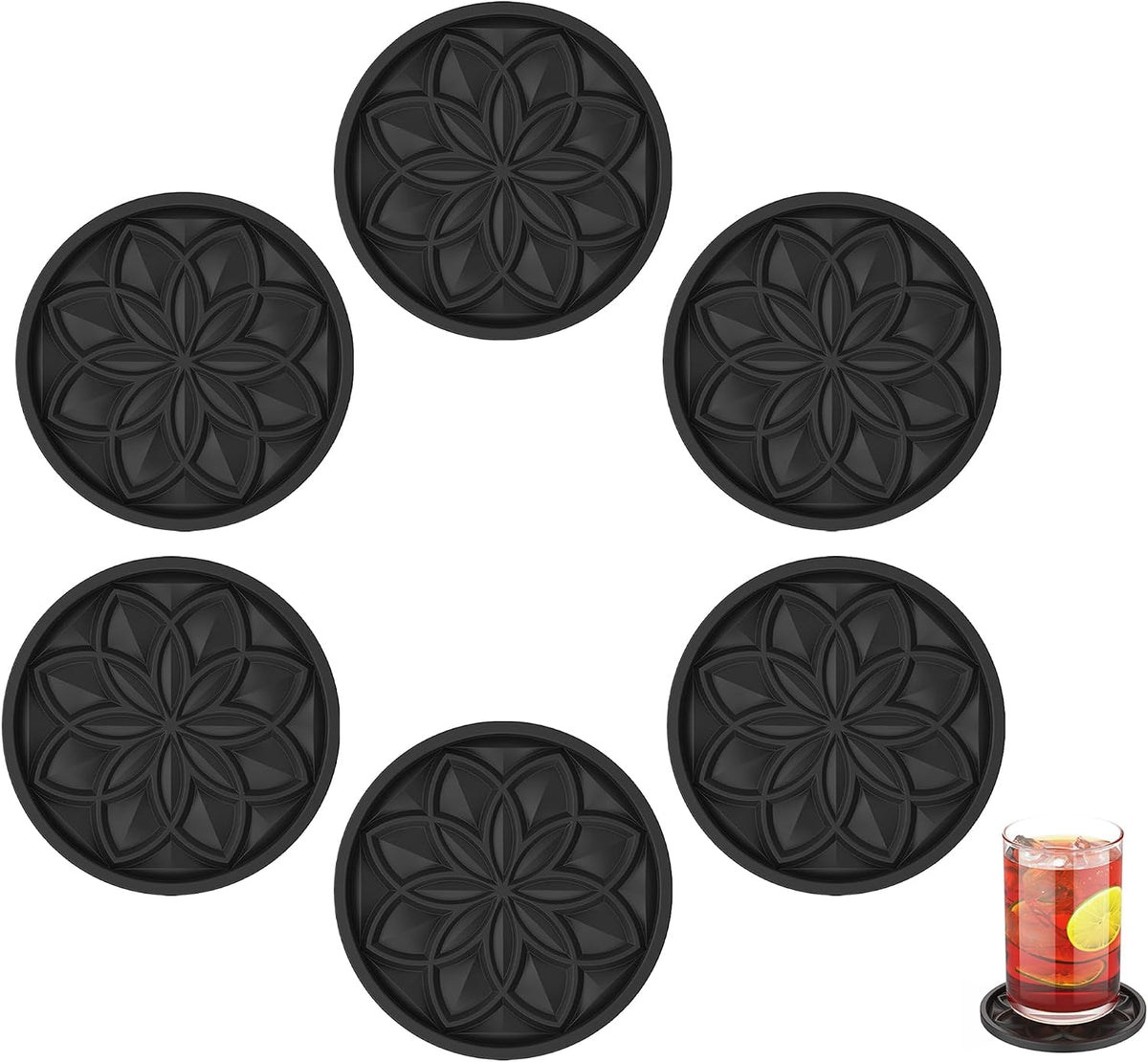 Silicone Coasters Set with Holder - 6 Pack Drink Coasters for Coffee Table, Bar, Desk - Tabletop Protection Gift - Black