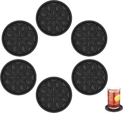 Silicone Coasters Set with Holder - 6 Pack Drink Coasters for Coffee Table, Bar, Desk - Tabletop Protection Gift - Black