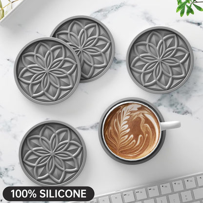 Silicone Coasters Set with Holder - 6 Pack Drink Coasters for Coffee Table, Bar, Desk - Tabletop Protection Gift - Black