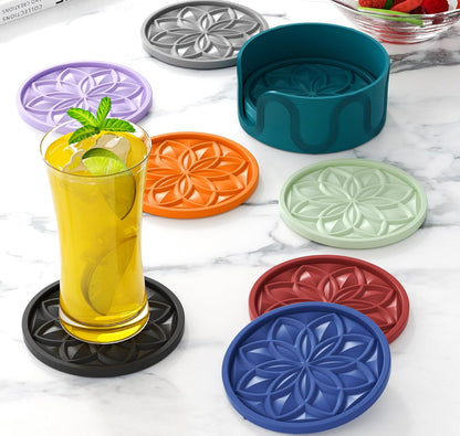 Silicone Coasters Set with Holder - 6 Pack Drink Coasters for Coffee Table, Bar, Desk - Tabletop Protection Gift - Black