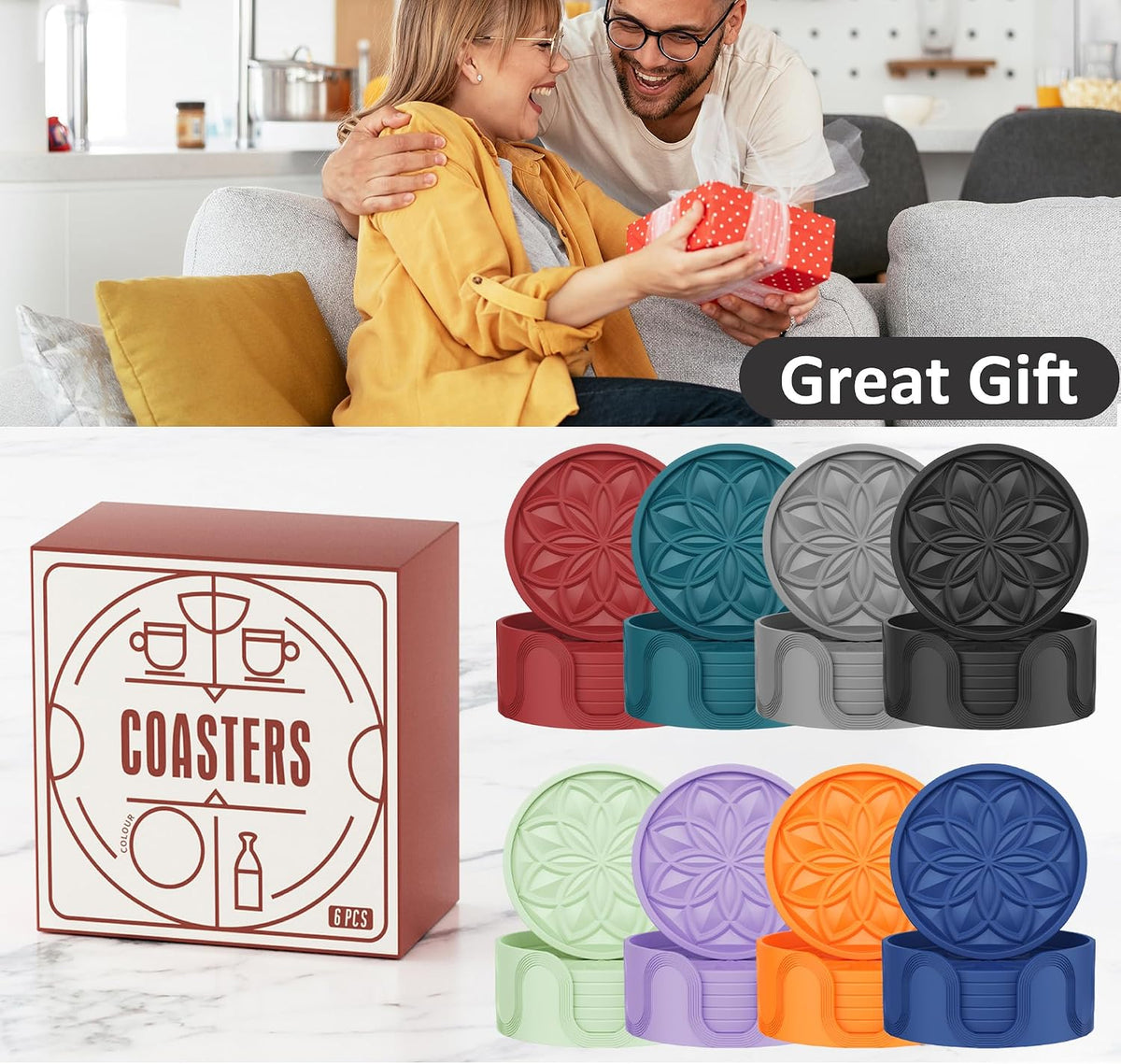 Silicone Coasters Set with Holder - 6 Pack Drink Coasters for Coffee Table, Bar, Desk - Tabletop Protection Gift - Black