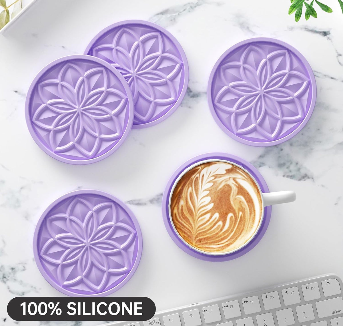 Silicone Coasters Set with Holder - 6 Pack Drink Coasters for Coffee Table, Bar, Desk - Tabletop Protection Gift - Black