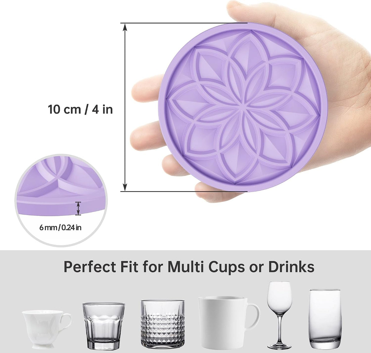 Silicone Coasters Set with Holder - 6 Pack Drink Coasters for Coffee Table, Bar, Desk - Tabletop Protection Gift - Black
