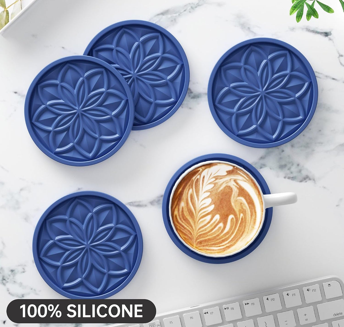 Silicone Coasters Set with Holder - 6 Pack Drink Coasters for Coffee Table, Bar, Desk - Tabletop Protection Gift - Black