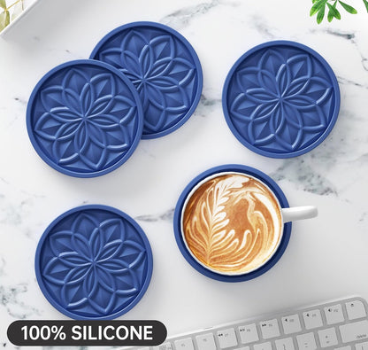 Silicone Coasters Set with Holder - 6 Pack Drink Coasters for Coffee Table, Bar, Desk - Tabletop Protection Gift - Black