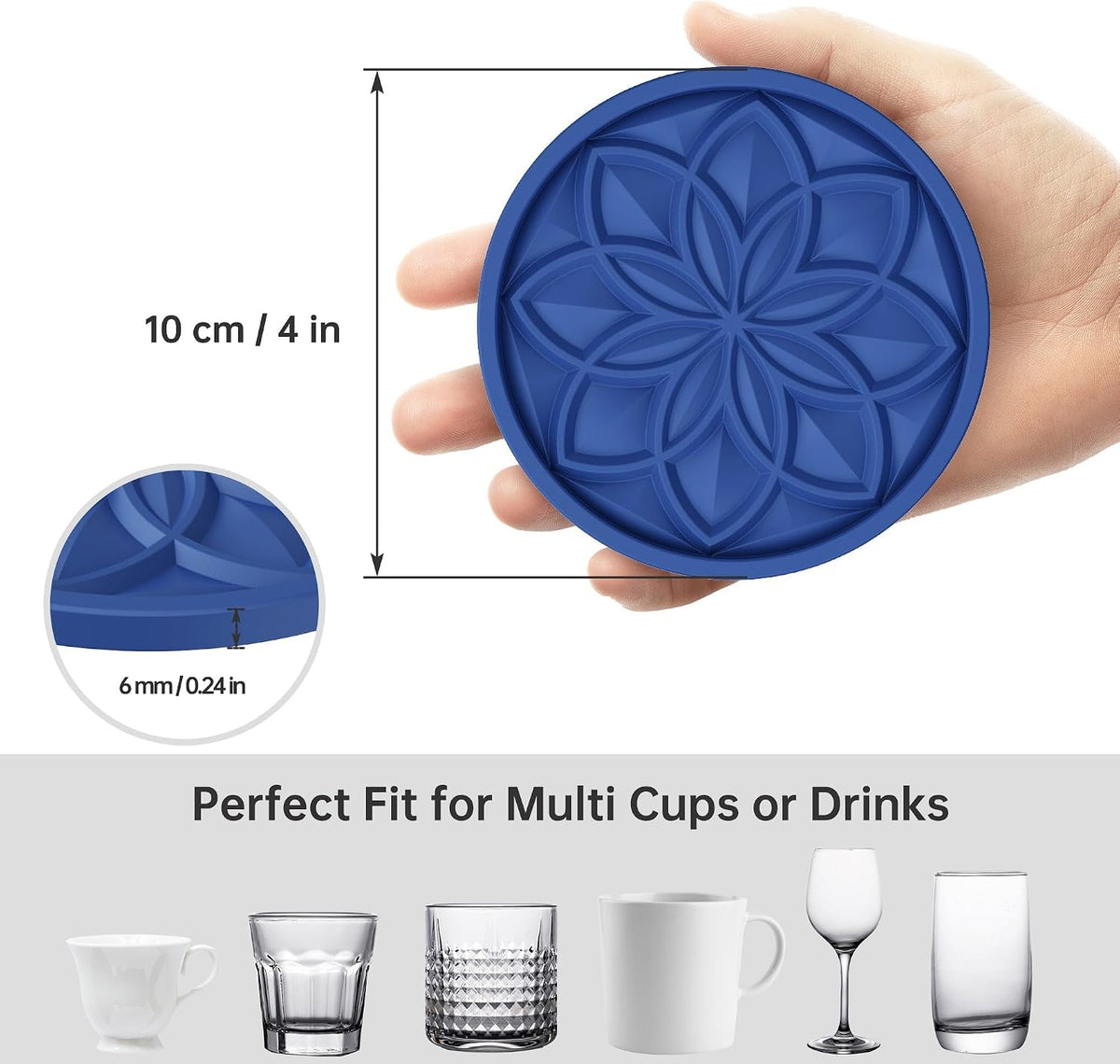 Silicone Coasters Set with Holder - 6 Pack Drink Coasters for Coffee Table, Bar, Desk - Tabletop Protection Gift - Black