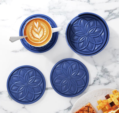Silicone Coasters Set with Holder - 6 Pack Drink Coasters for Coffee Table, Bar, Desk - Tabletop Protection Gift - Black