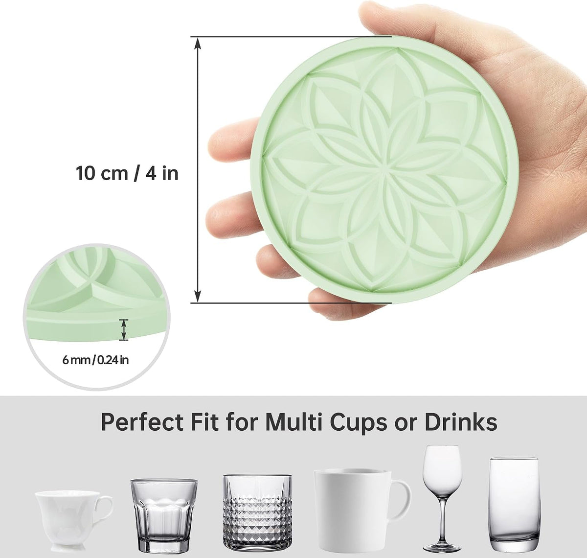 Silicone Coasters Set with Holder - 6 Pack Drink Coasters for Coffee Table, Bar, Desk - Tabletop Protection Gift - Black